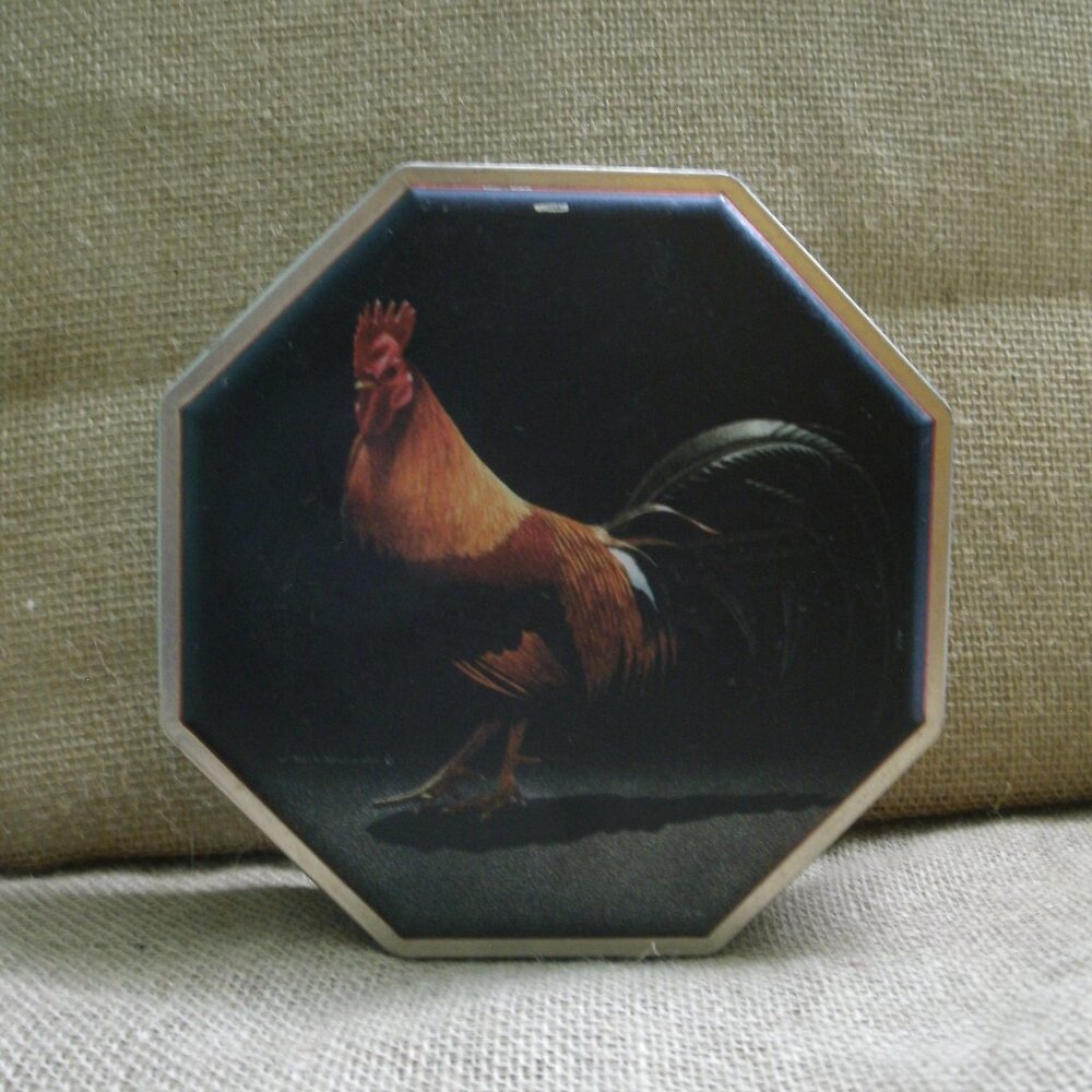 Vintage Rooster Art Metal Octagonal Tin